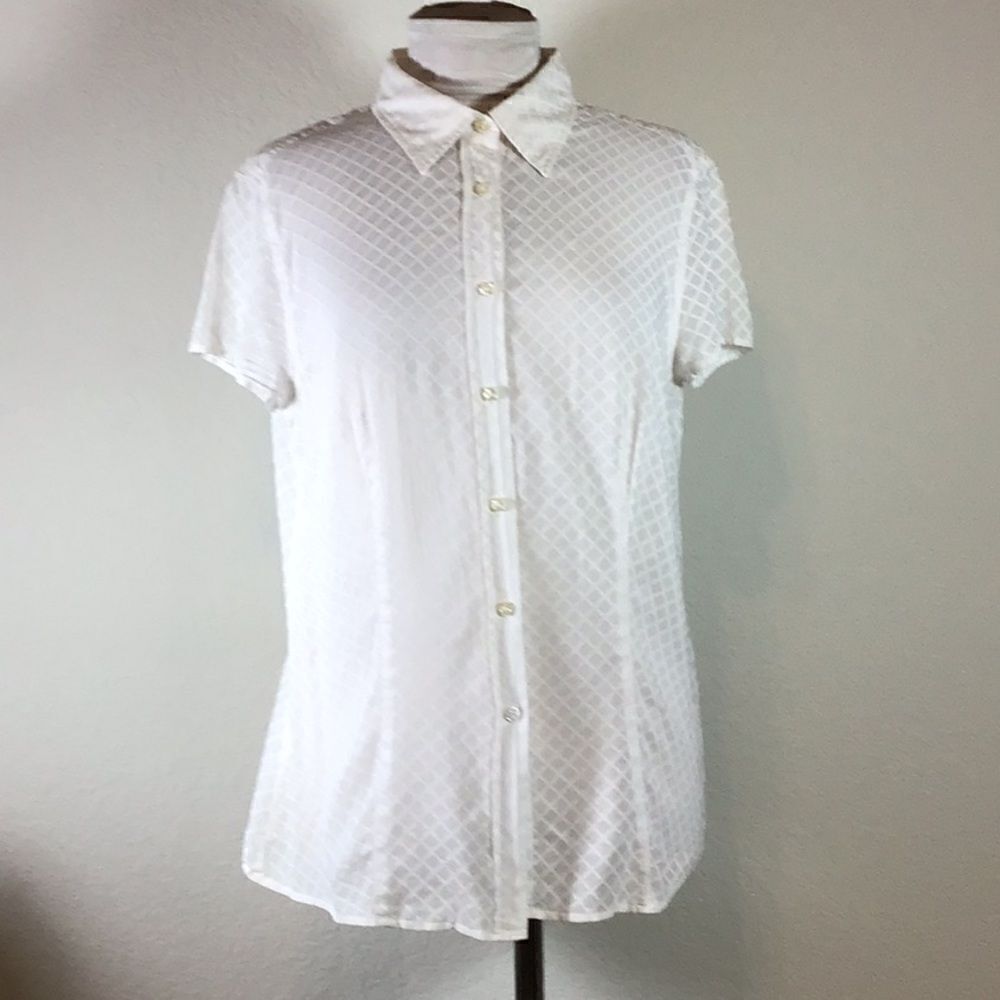 Italy 0039 Blouse Button Up White Windowpane Cap Sleeve Office Siren Size XL